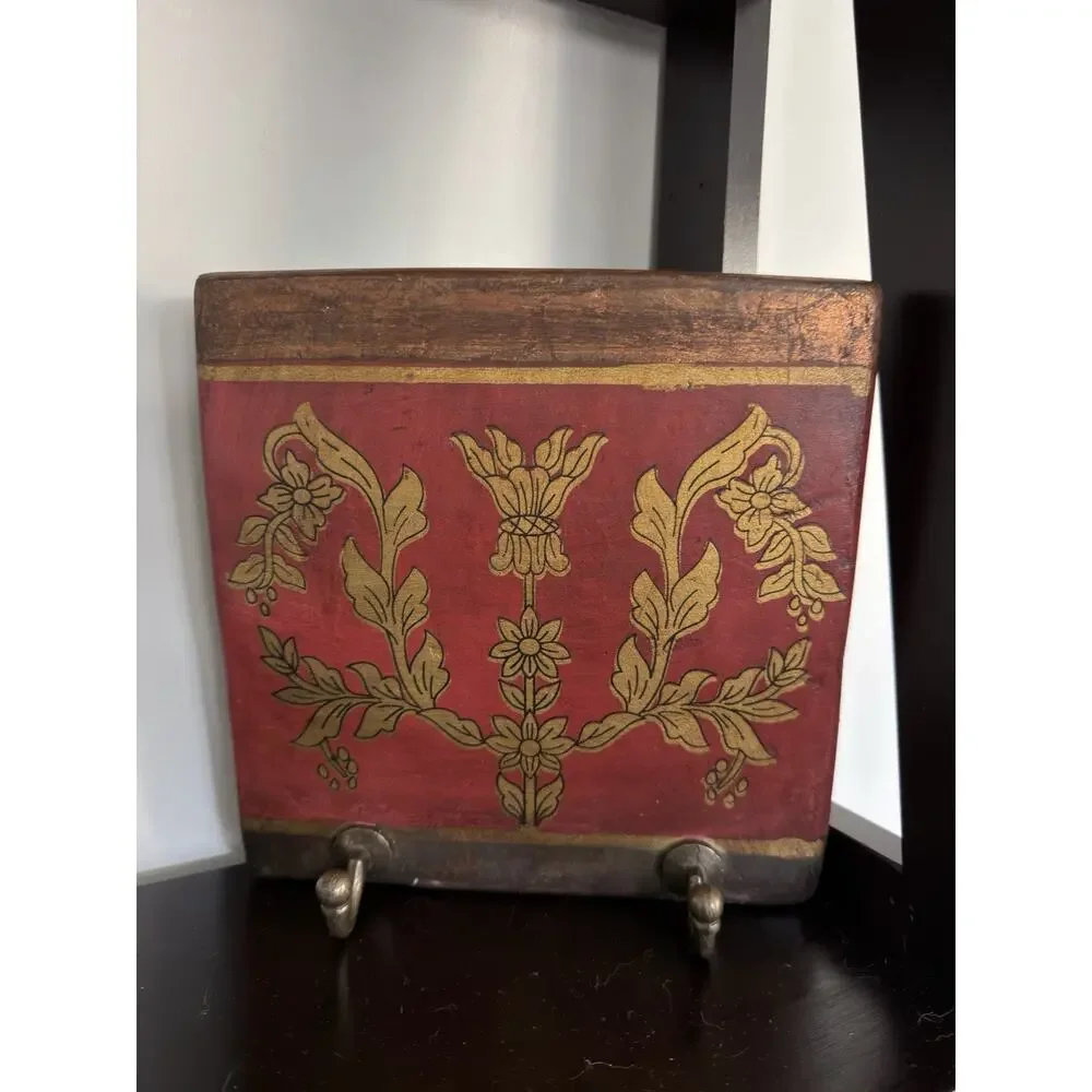 Antique Style Wall Mounted Tile Plaque Red/Gold Floral w/ 2 Metal Hooks
